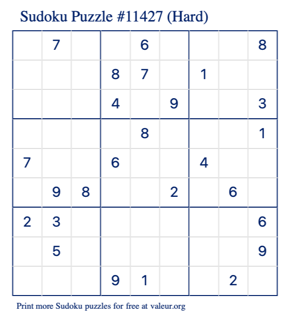 Free Printable Hard Sudoku Puzzle number 11427