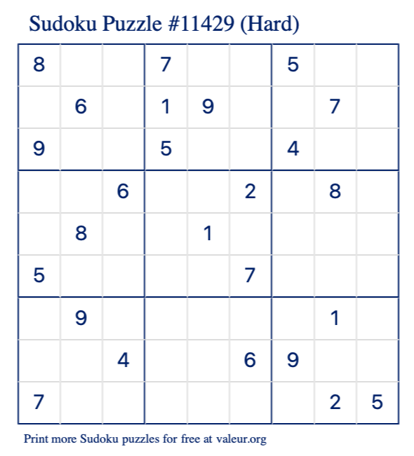 Free Printable Hard Sudoku Puzzle number 11429