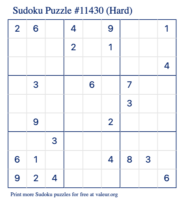 Free Printable Hard Sudoku Puzzle number 11430