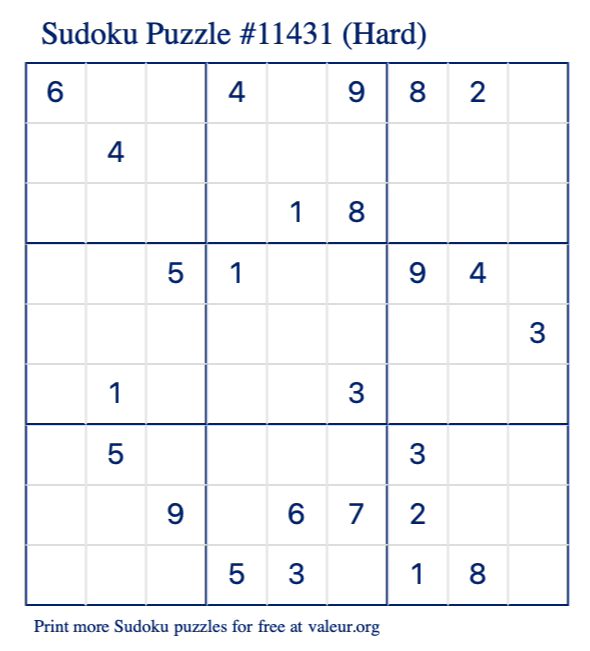 Free Printable Hard Sudoku Puzzle number 11431