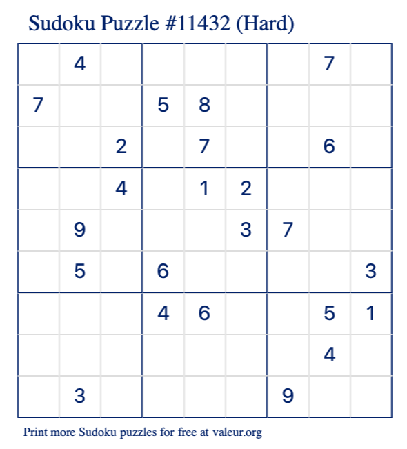Free Printable Hard Sudoku Puzzle number 11432