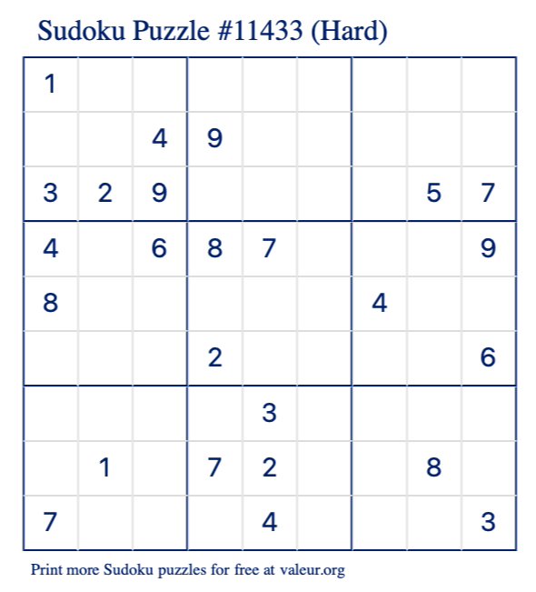Free Printable Hard Sudoku Puzzle number 11433