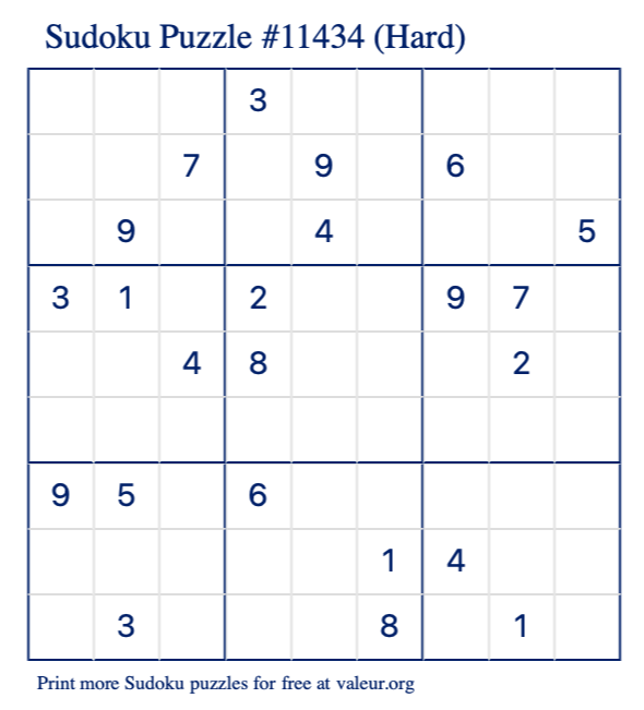 Free Printable Hard Sudoku Puzzle number 11434