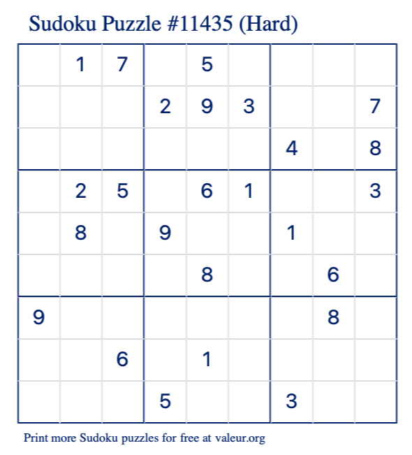 Free Printable Hard Sudoku Puzzle number 11435