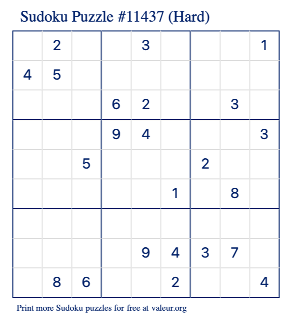 Free Printable Hard Sudoku Puzzle number 11437