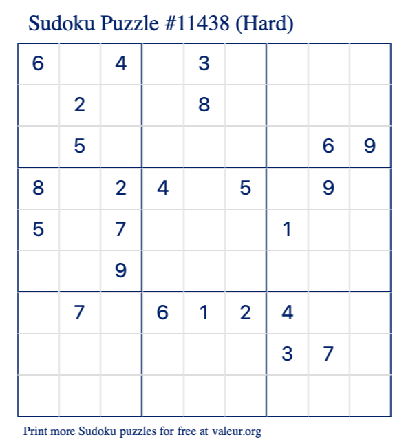 Free Printable Hard Sudoku Puzzle number 11438