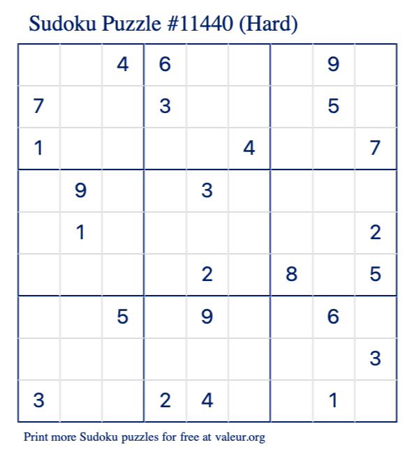 Free Printable Hard Sudoku Puzzle number 11440