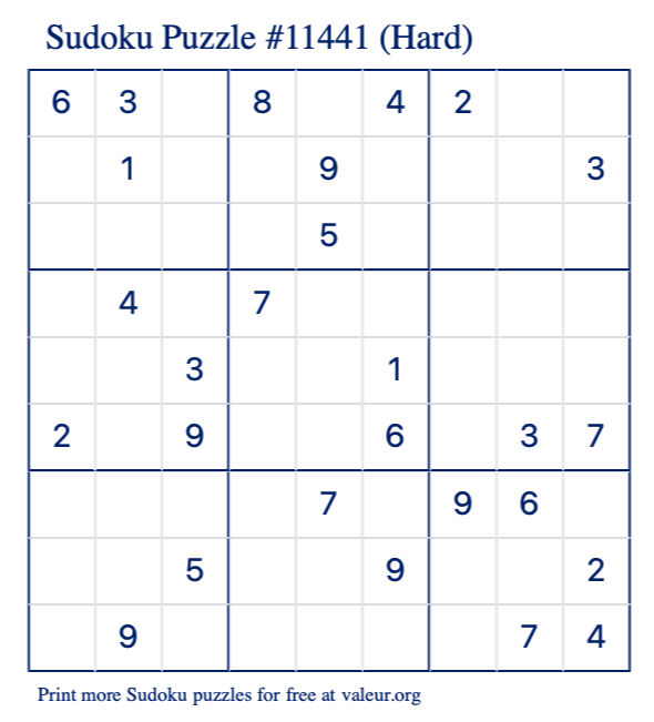 Free Printable Hard Sudoku Puzzle number 11441
