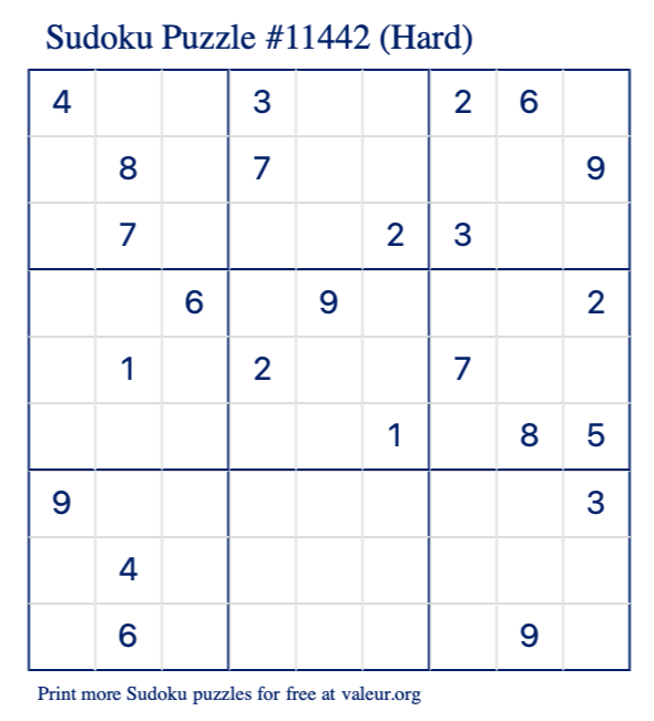 Free Printable Hard Sudoku Puzzle number 11442