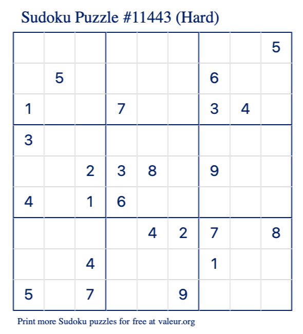 Free Printable Hard Sudoku Puzzle number 11443