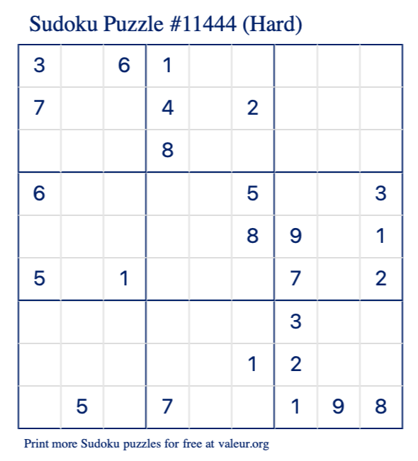 Free Printable Hard Sudoku Puzzle number 11444