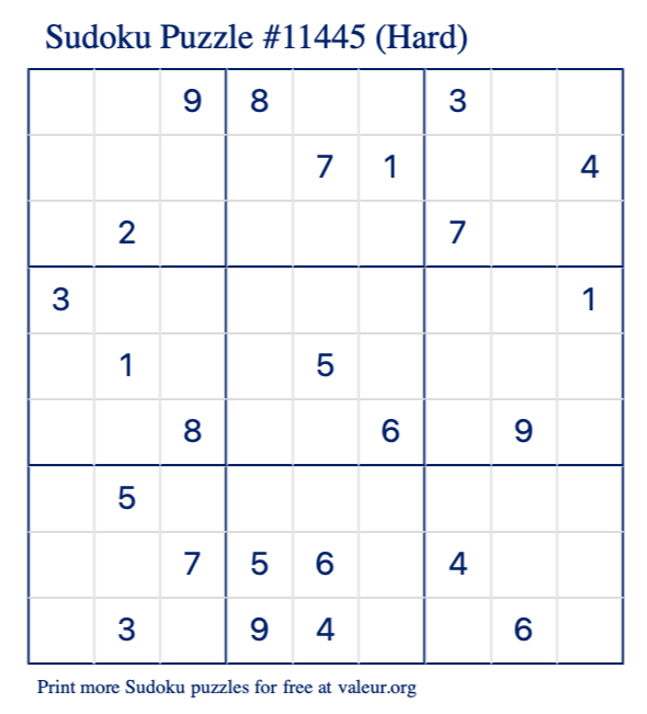Free Printable Hard Sudoku Puzzle number 11445