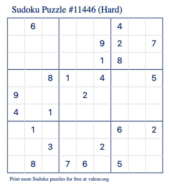 Free Printable Hard Sudoku Puzzle number 11446