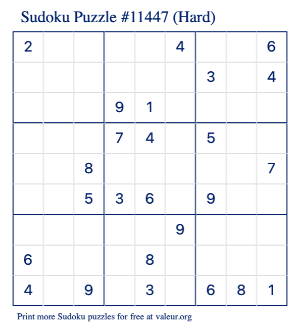 Free Printable Hard Sudoku Puzzle number 11447