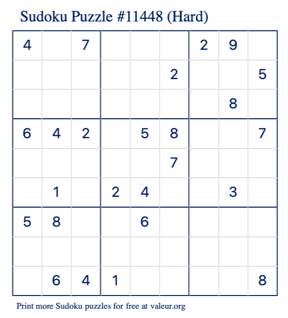 Free Printable Hard Sudoku Puzzle number 11448