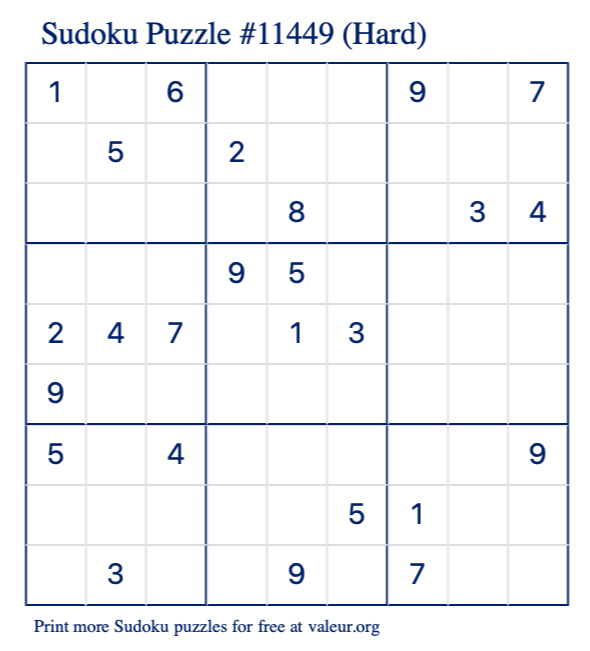 Free Printable Hard Sudoku Puzzle number 11449