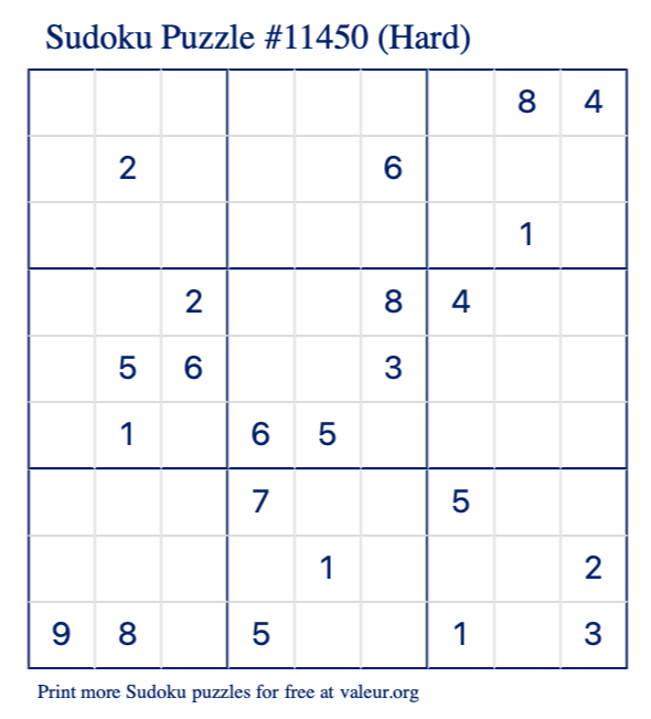 Free Printable Hard Sudoku Puzzle number 11450