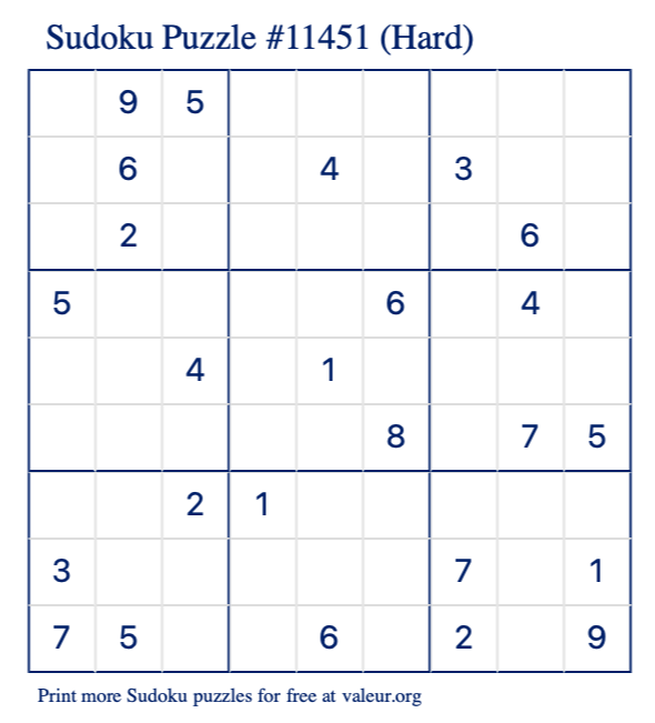 Free Printable Hard Sudoku Puzzle number 11451