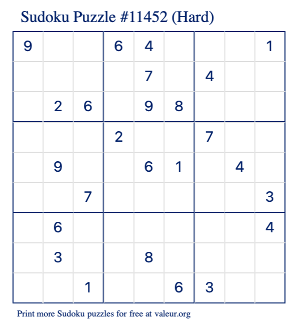 Free Printable Hard Sudoku Puzzle number 11452