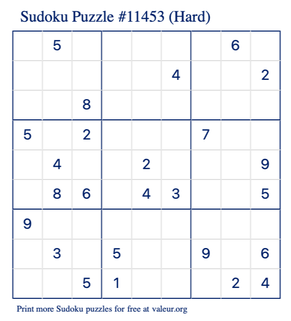 Free Printable Hard Sudoku Puzzle number 11453