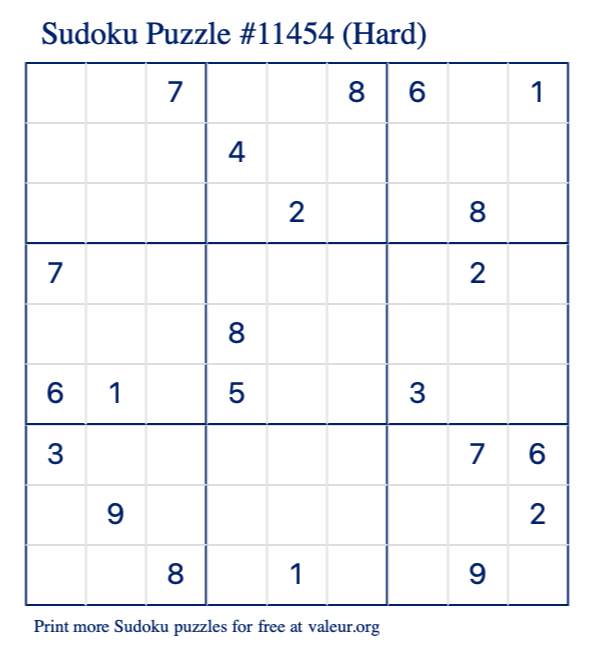Free Printable Hard Sudoku Puzzle number 11454