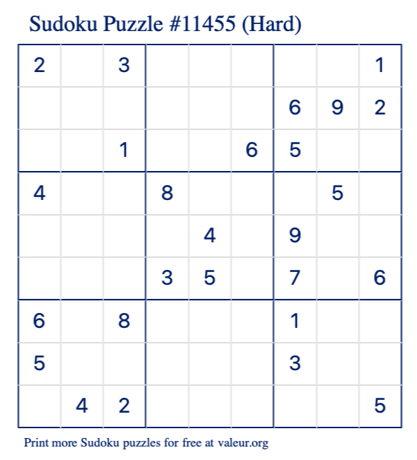 Free Printable Hard Sudoku Puzzle number 11455