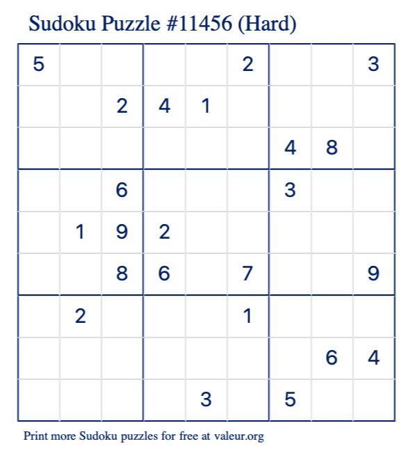 Free Printable Hard Sudoku Puzzle number 11456