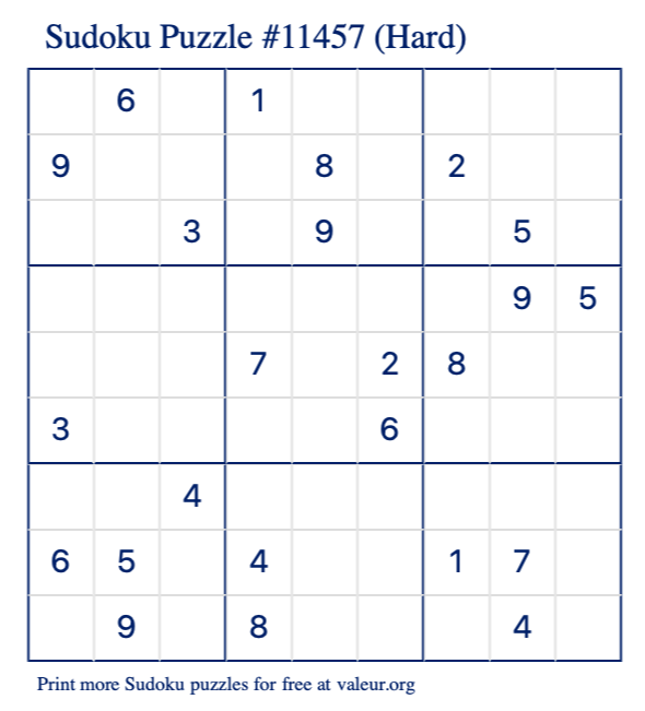 Free Printable Hard Sudoku Puzzle number 11457