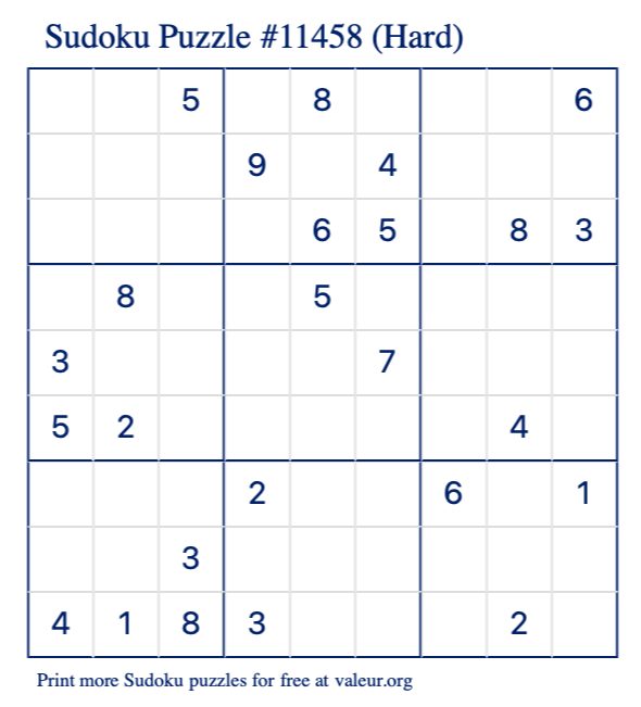 Free Printable Hard Sudoku Puzzle number 11458