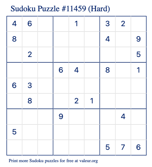 Free Printable Hard Sudoku Puzzle number 11459