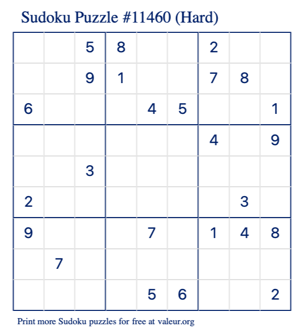 Free Printable Hard Sudoku Puzzle number 11460