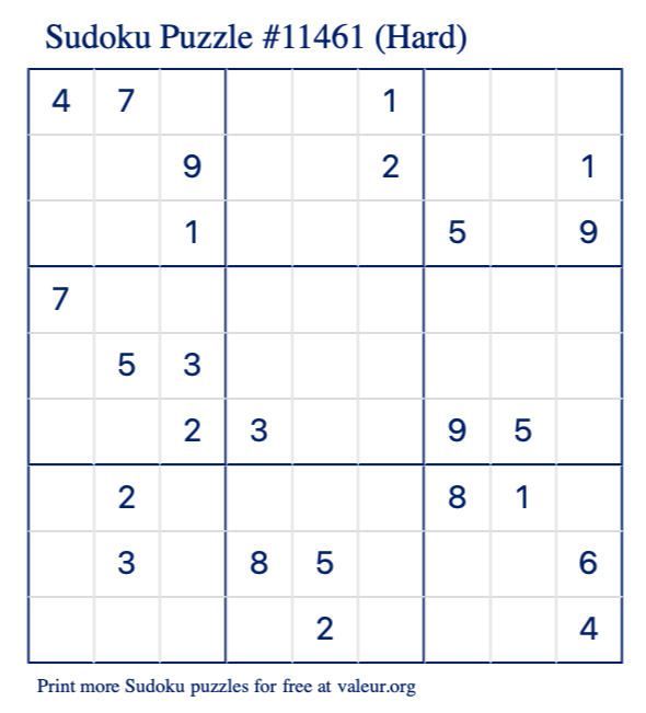 Free Printable Hard Sudoku Puzzle number 11461
