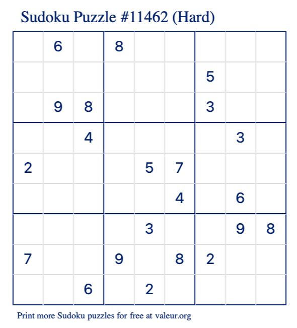 Free Printable Hard Sudoku Puzzle number 11462