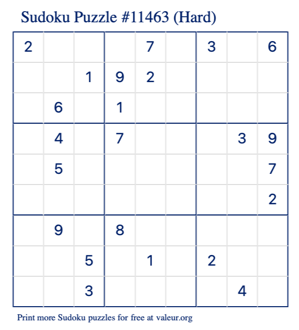 Free Printable Hard Sudoku Puzzle number 11463