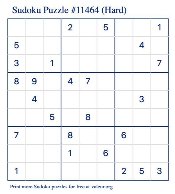 Free Printable Hard Sudoku Puzzle number 11464