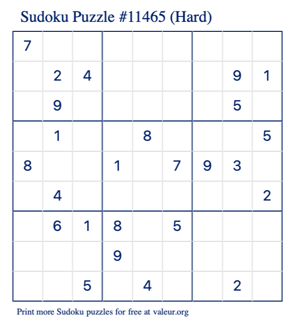 Free Printable Hard Sudoku Puzzle number 11465