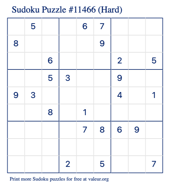 Free Printable Hard Sudoku Puzzle number 11466