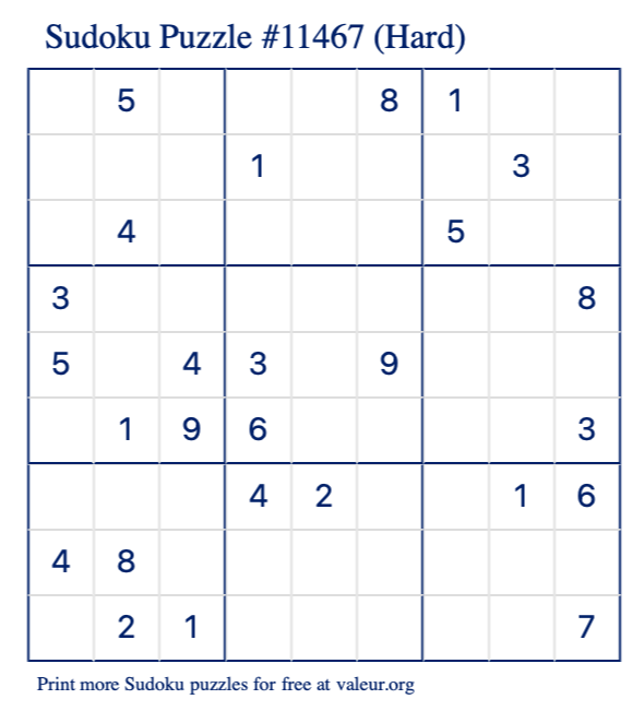 Free Printable Hard Sudoku Puzzle number 11467