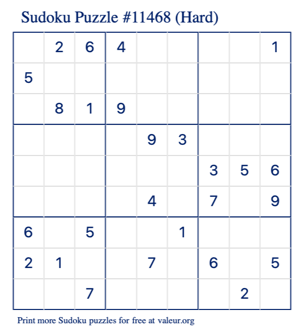 Free Printable Hard Sudoku Puzzle number 11468
