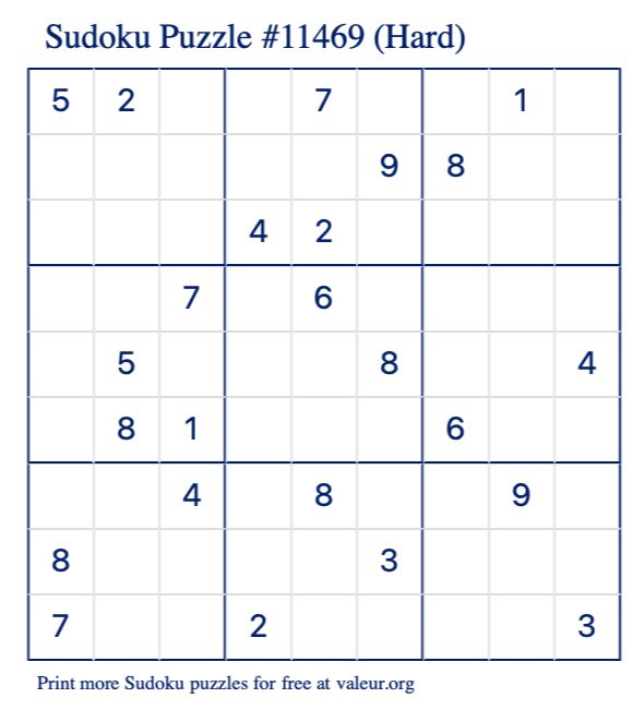 Free Printable Hard Sudoku Puzzle number 11469