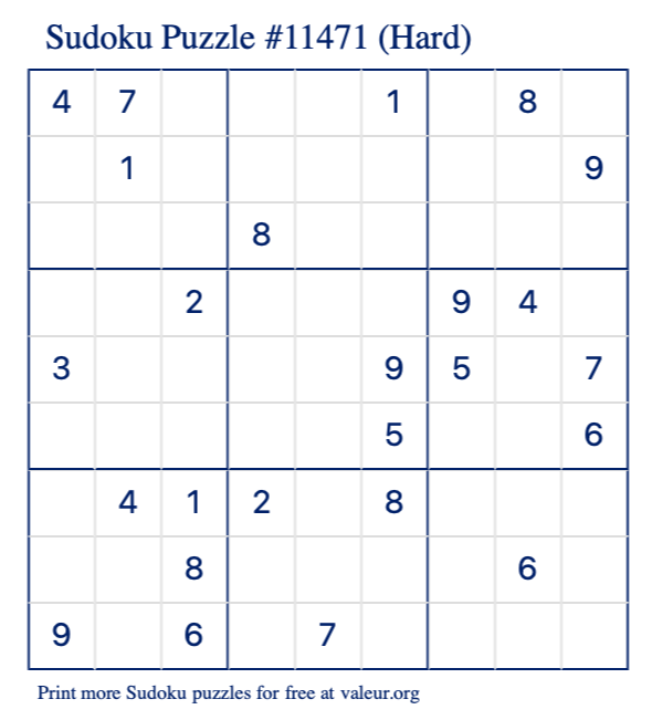 Free Printable Hard Sudoku Puzzle number 11471