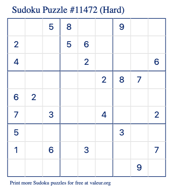 Free Printable Hard Sudoku Puzzle number 11472