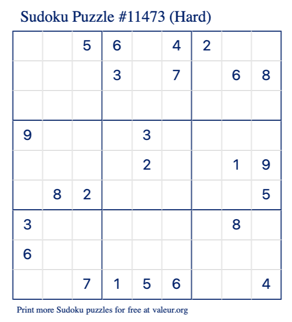 Free Printable Hard Sudoku Puzzle number 11473