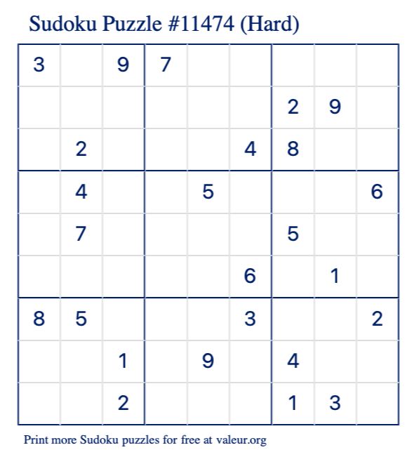 Free Printable Hard Sudoku Puzzle number 11474