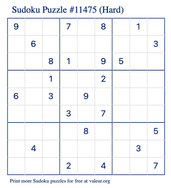 Free Printable Hard Sudoku Puzzle number 11475