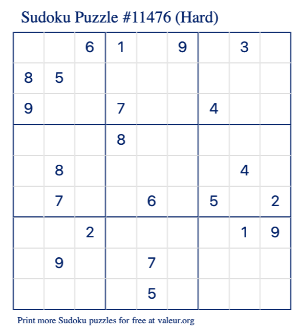 Free Printable Hard Sudoku Puzzle number 11476