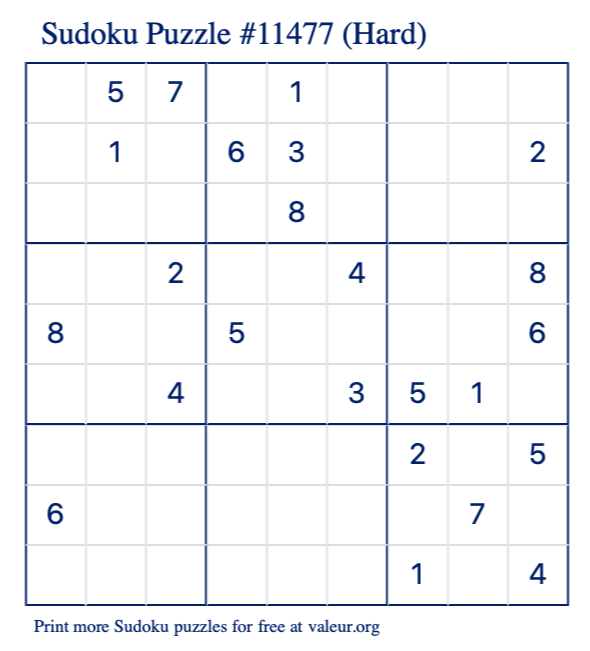 Free Printable Hard Sudoku Puzzle number 11477