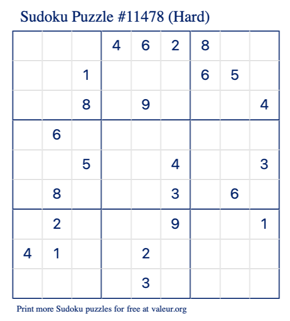 Free Printable Hard Sudoku Puzzle number 11478