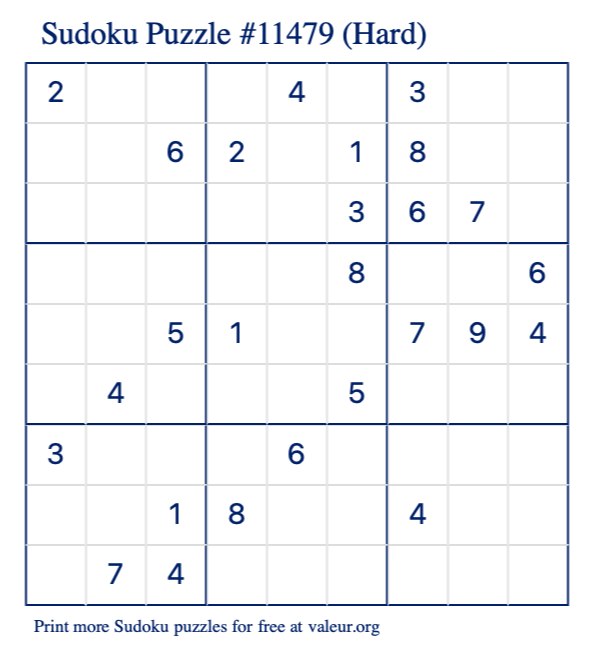 Free Printable Hard Sudoku Puzzle number 11479