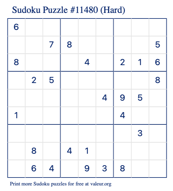 Free Printable Hard Sudoku Puzzle number 11480